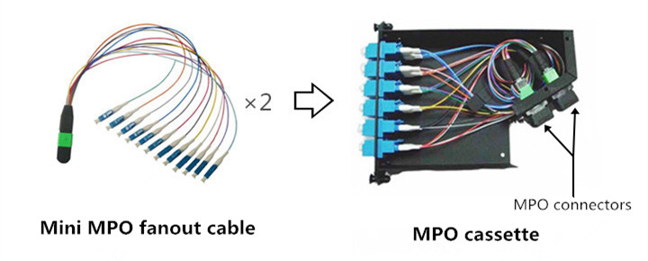 24-fiber MPO cassette with two 12-fiber MPO fanout inside 